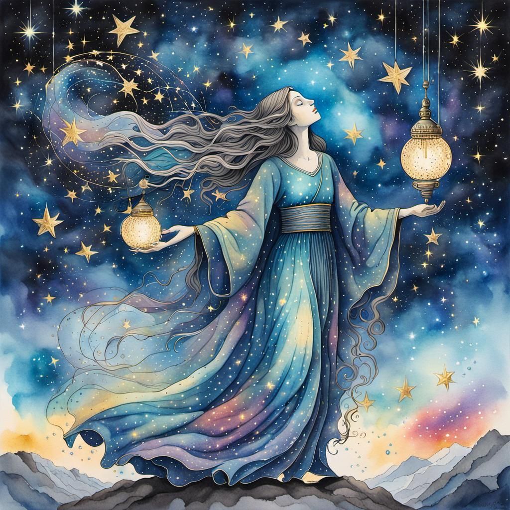 Celestial Being Collects Stars: Watercolor Impression
