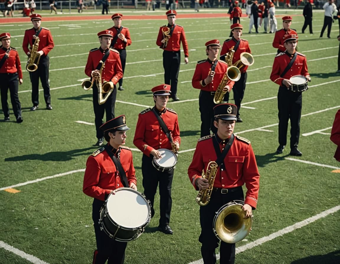 Marching Band on Football Field: Cinematic Film Still