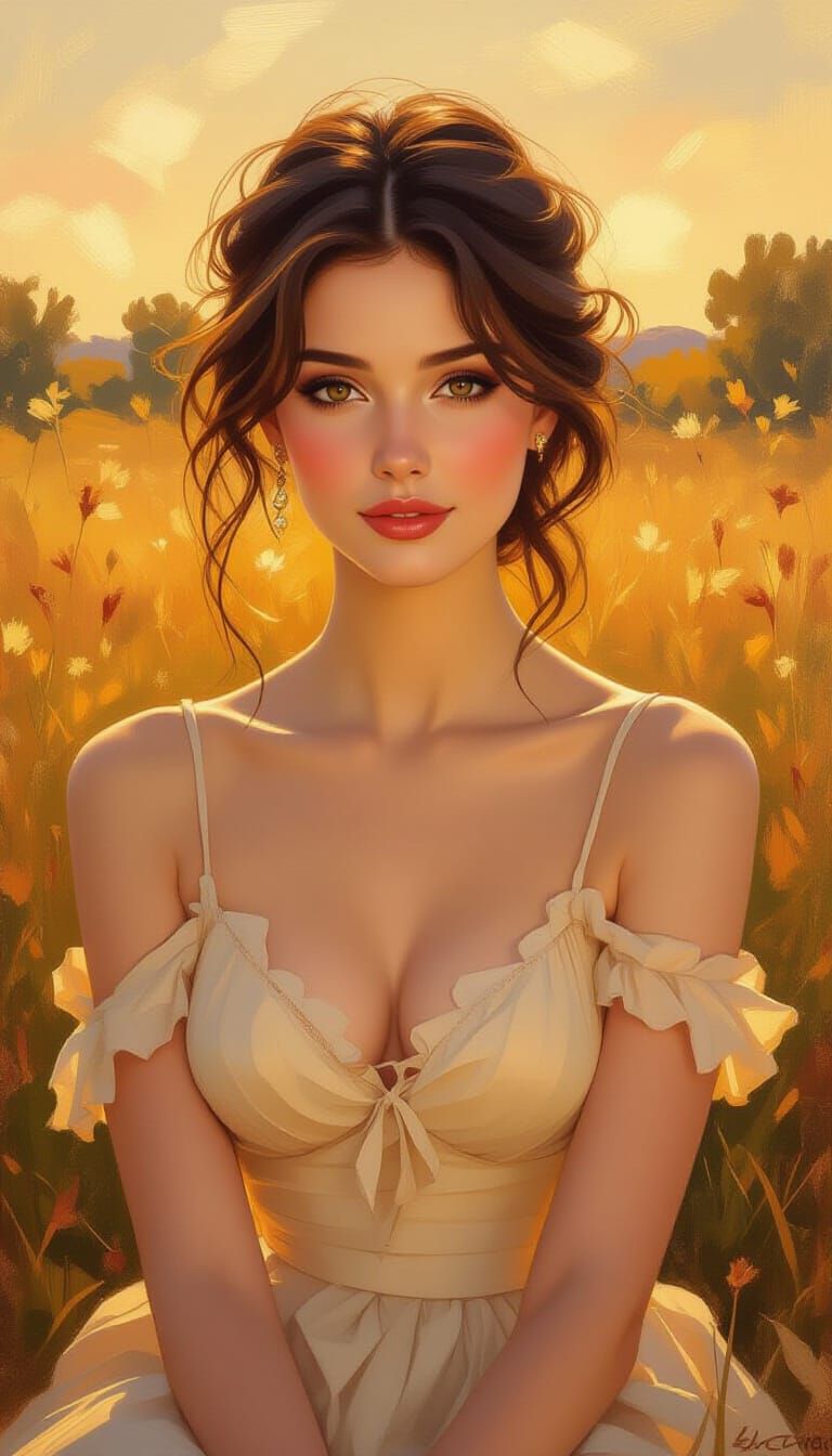 Romantic Oil Painting of Woman in Golden Hour Light