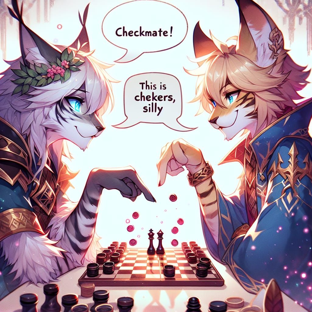 Anthropomorphic Lynx Play Checkers in Anime Style
