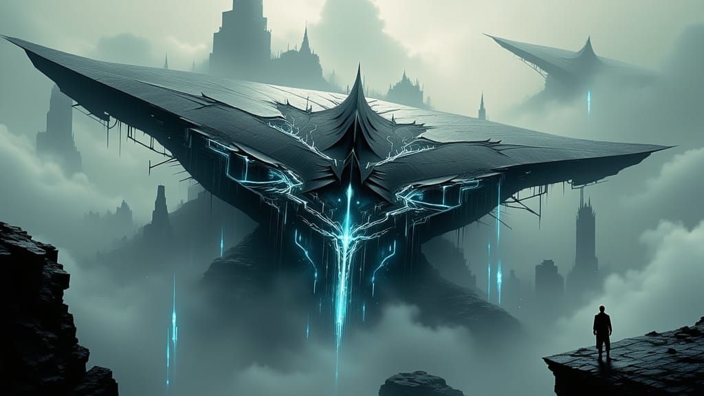 Brutalist Arcanepunk Stingray Building in Misty Cityscape