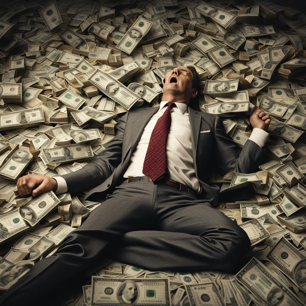 Greedy Broker Buried Under Money in Dim Office