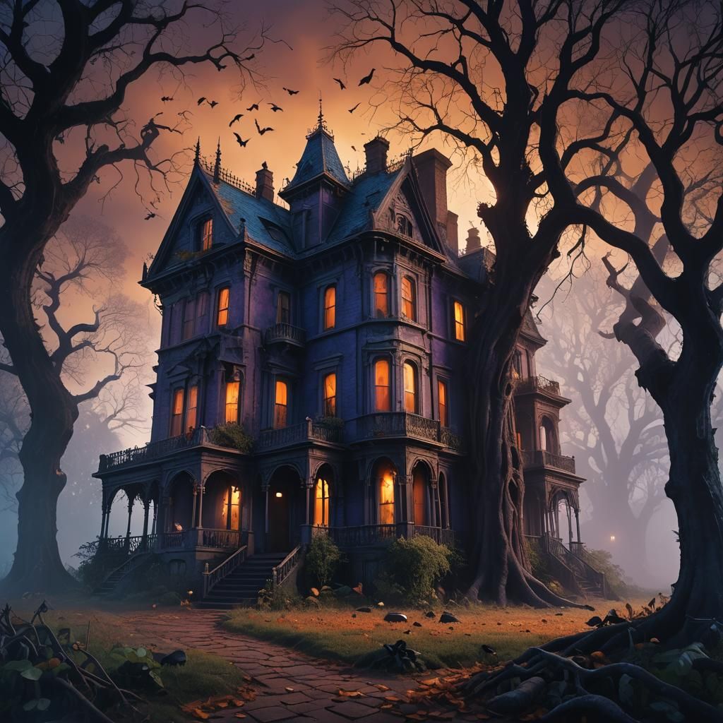 Eerie Haunted Mansion with Bats and Ghosts