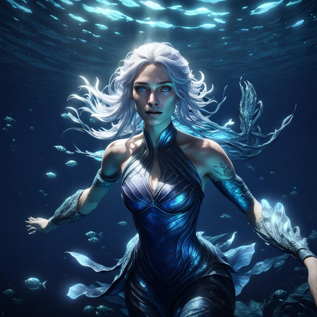 Silver-Haired Siren in Bioluminescent Deep Sea