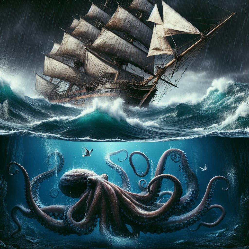 Stormy Seas: Octopus Attack on Sailing Ship