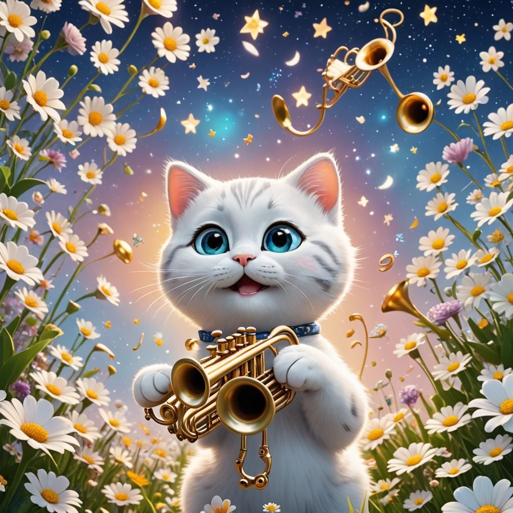 Cute Kitty Plays Trumpet in a Flower Sky
