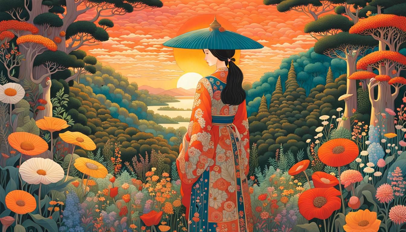 Sunset Woman in Surreal Floral Forest, Art Nouveau Style