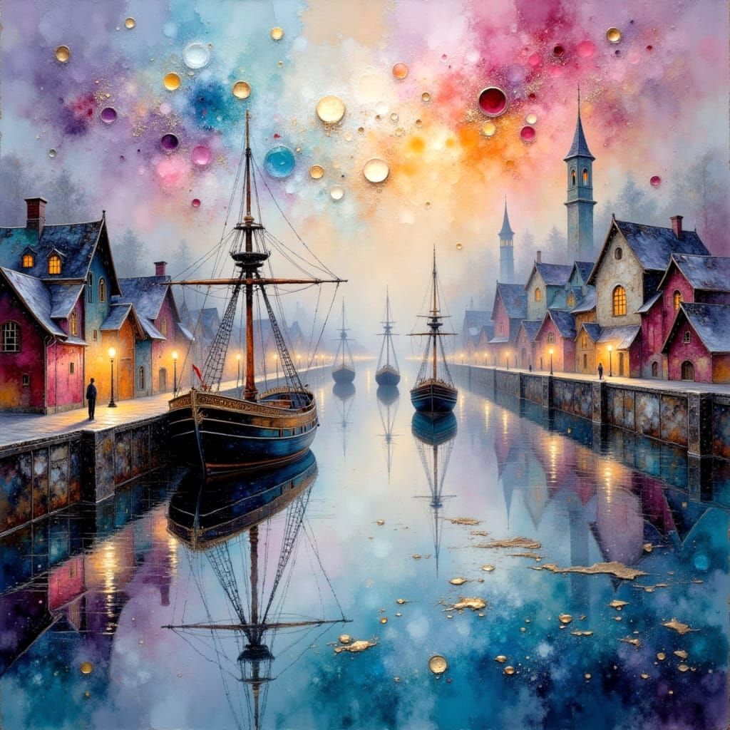 Ethereal Harbour Scene in Impressionist Watercolor Style