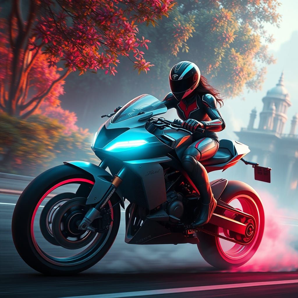 Futuristic Motorcycle Racer in Neon Dreamscape