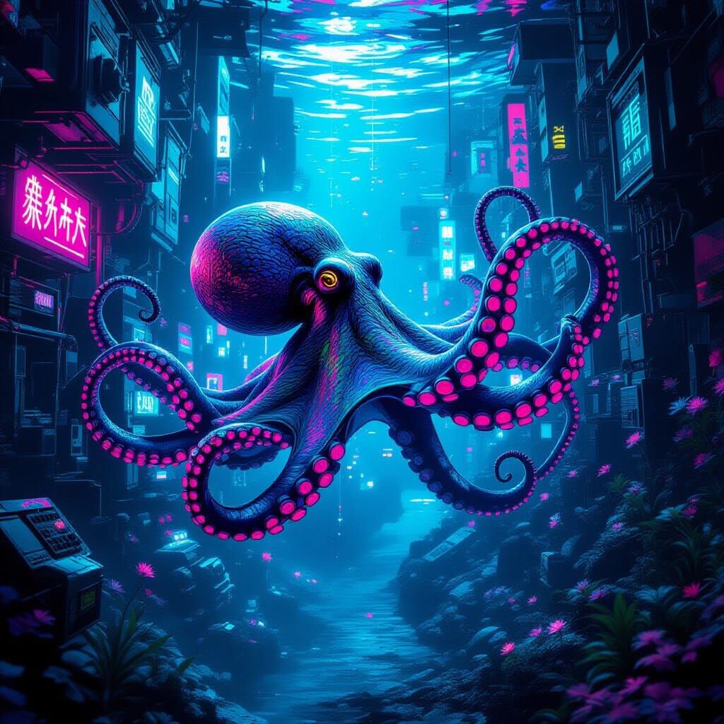 Ethereal Octopus in Futuristic Submerged City