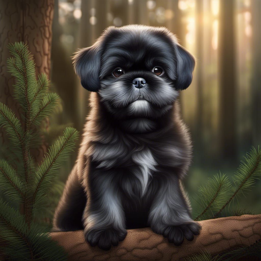 Black Shih Tzu Puppy Portrait in Ethereal Style