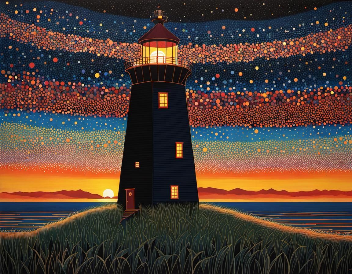 Lighthouse at Sunset in Abstract Expressionist Style