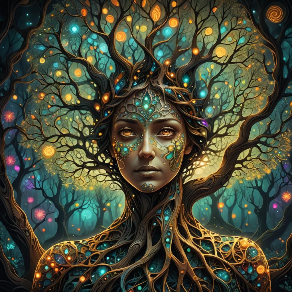 Sad Forest Spirit in Zentangle Fractal Style