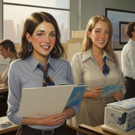 Happy Office Workers in Oil Painting Style