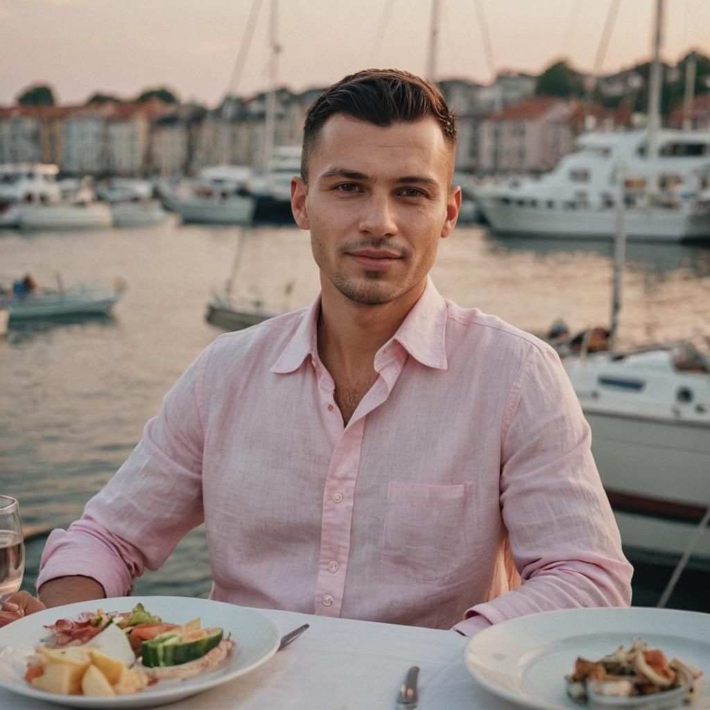 Joyful Slavic Boy on Luxury Yacht at Sunset