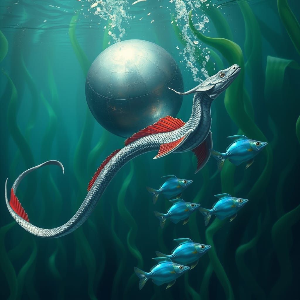 Silver Sea Serpent and Winged Fish, Digital Art