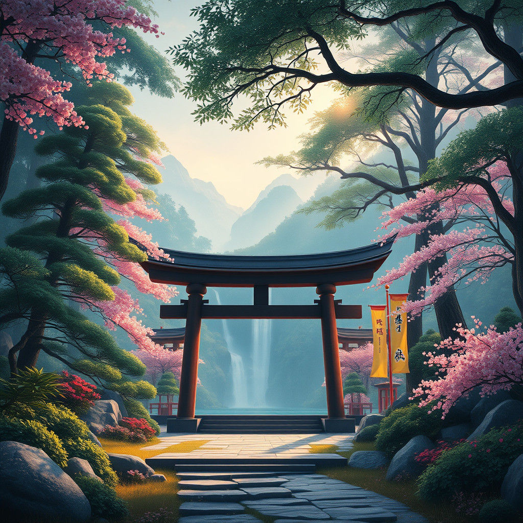 Serene Japanese Shrine in Watercolour Style