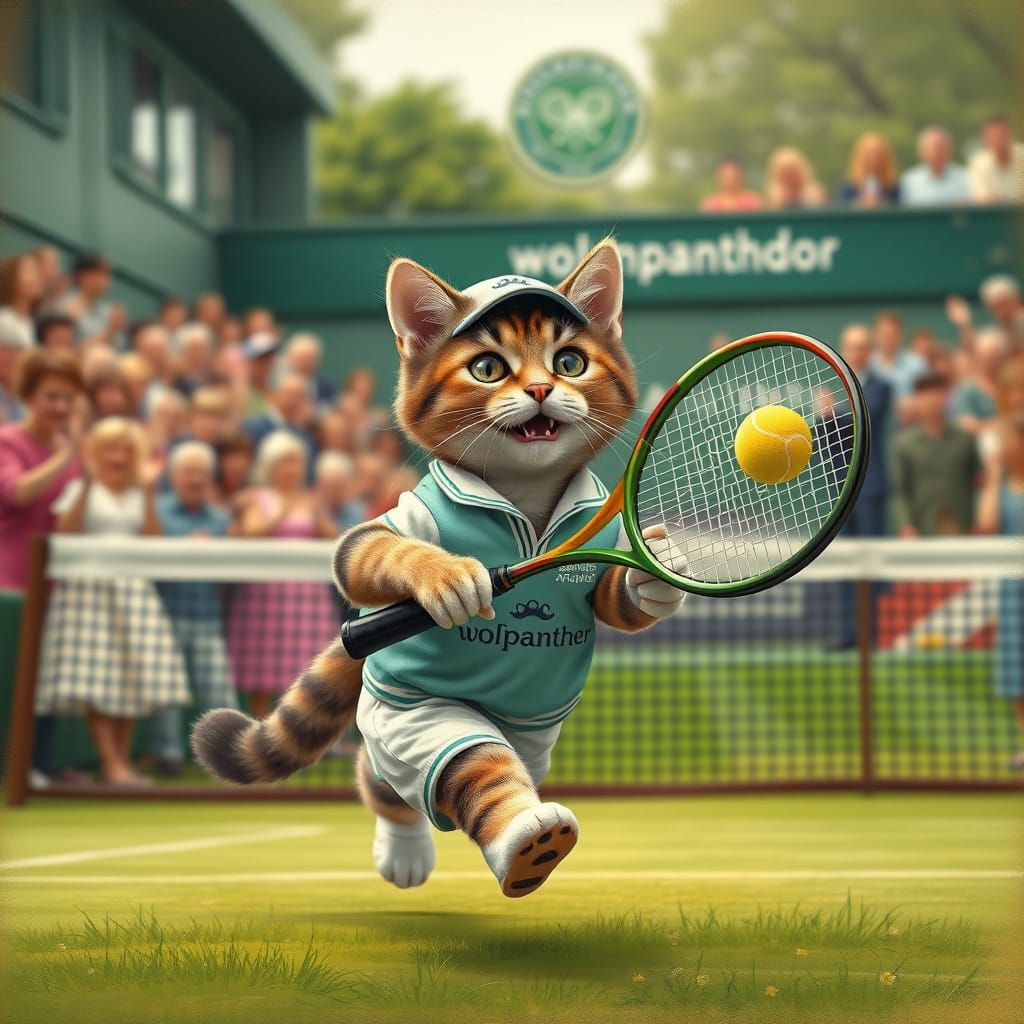Cat Athlete on Wimbledon Court in Painterly Style