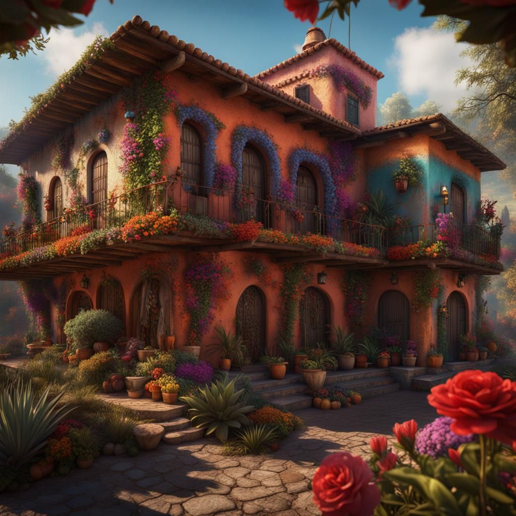 Mexican House with Exotic Flowers in Detailed Painting