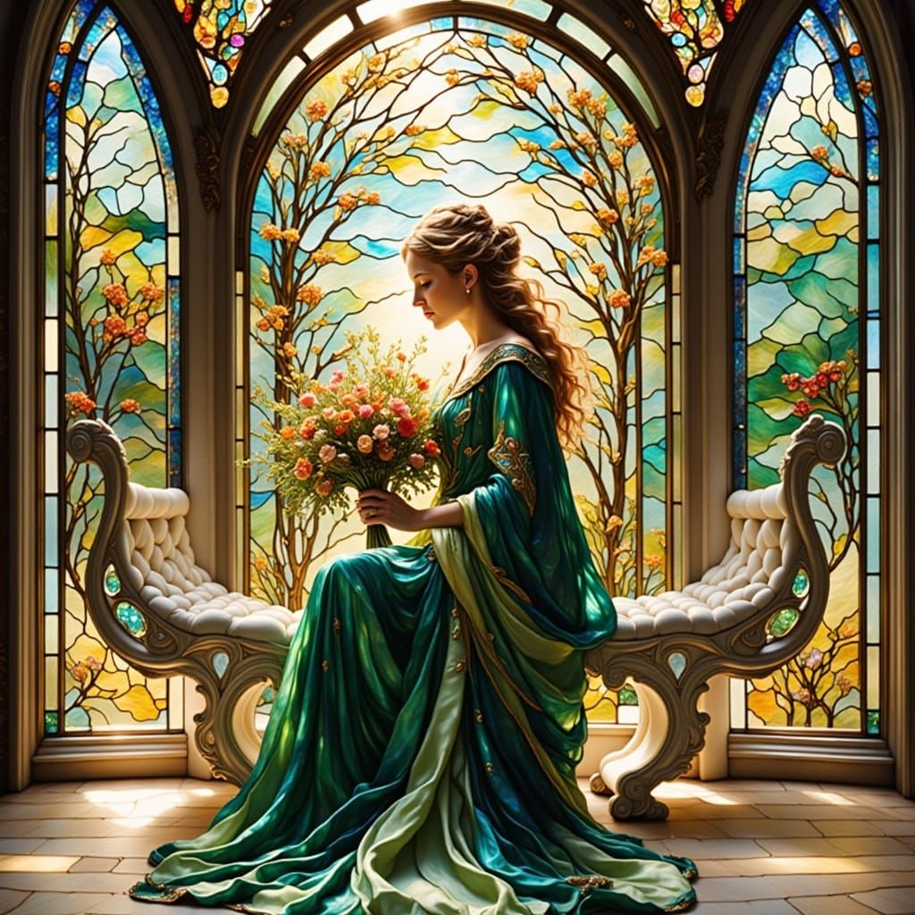 Woman in Stained Glass Room