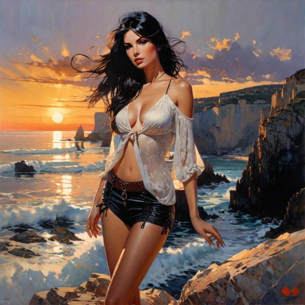 Beautiful Woman Posing at Sunset as Splash Art