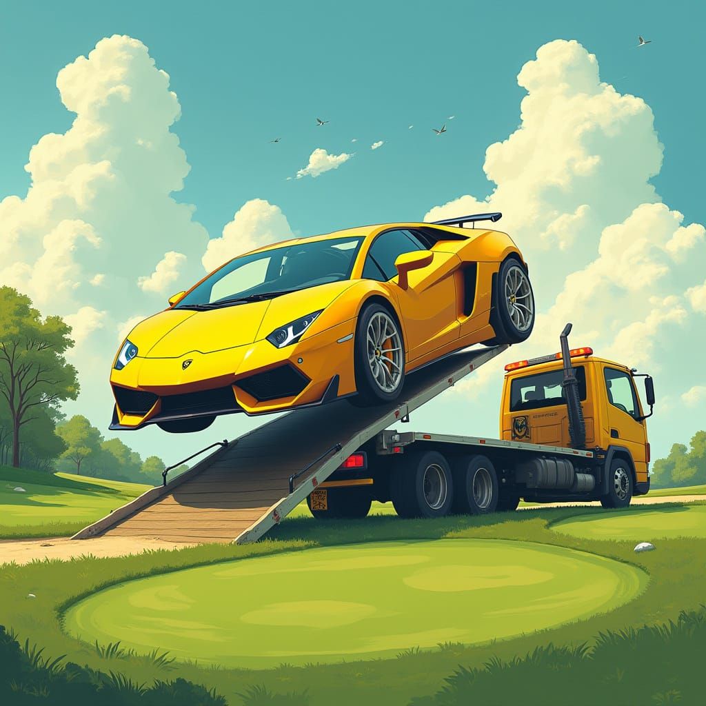 Yellow Lamborghini Soars onto Golf Course in Hyperreal Style