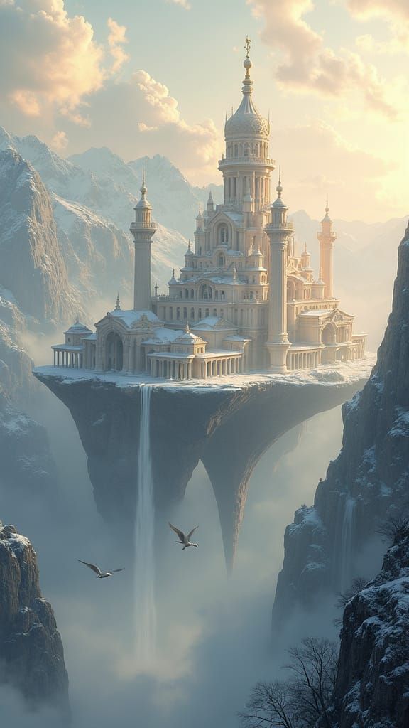 Floating City Above Swiss Alps in Epic Fantasy Style