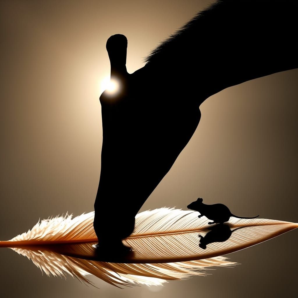 A silhouette of a giraffe drinking water next to tiny mouse ...