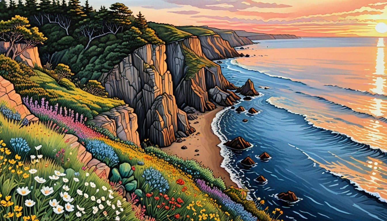Detailed Coastal Cliffs with Wildflowers at Sunset