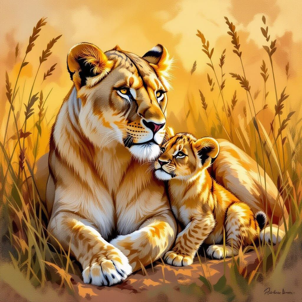 Lioness Protecting Cub in Savannah, Wildlife Art