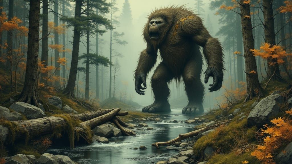 Shaggy Sasquatch in Misty Northwest Forest