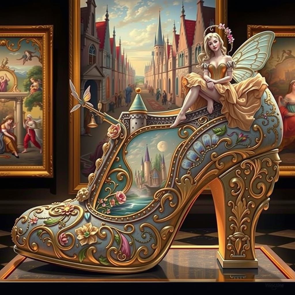 ornate high-heel shoe with castle scene on the side and an o...