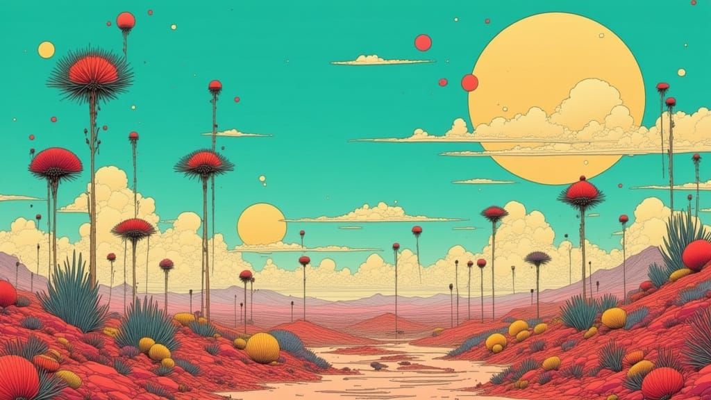 Moebius Inspired Desert Landscape with Alien Plants