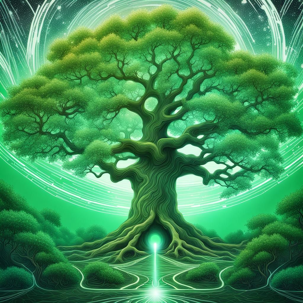 Detailed Oak Tree in Holographic Astral Style