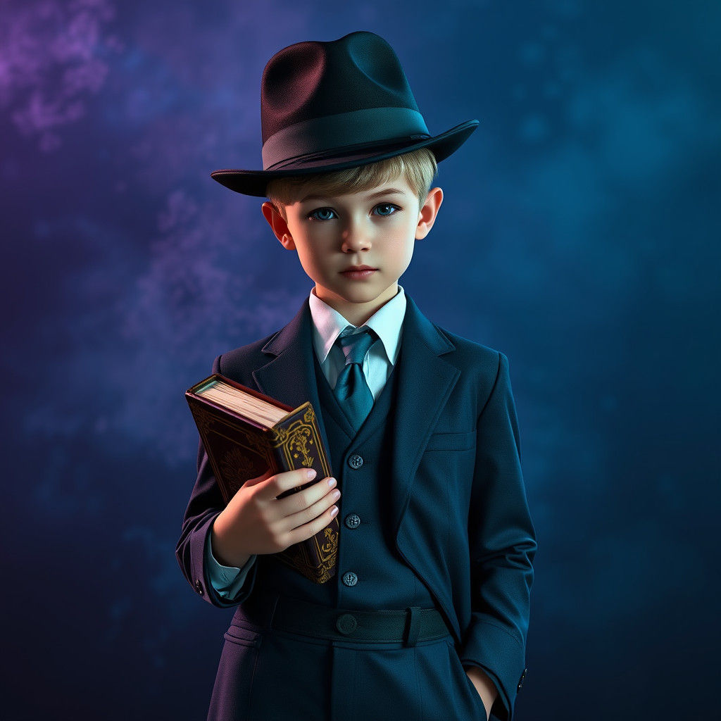 Mystical Youth in Navy Blue Suit with Golden Filigree Book