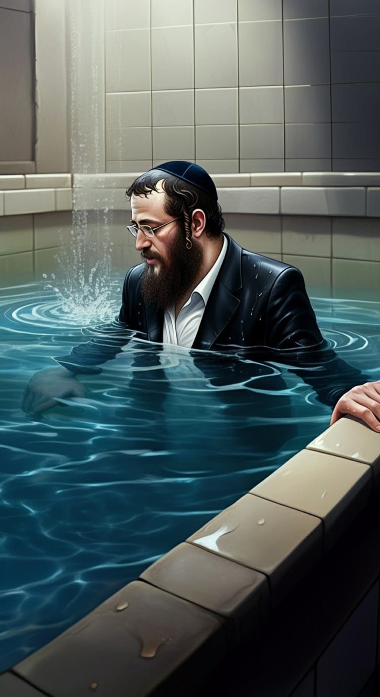 Hasidic Man Immersed in Mikvah: Comic-Style Illustration