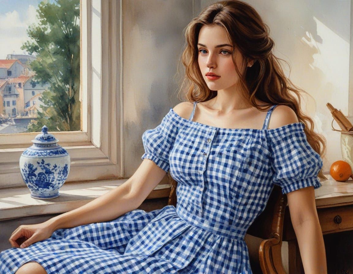 Woman in Traditional Delft Blue Gingham Print Style