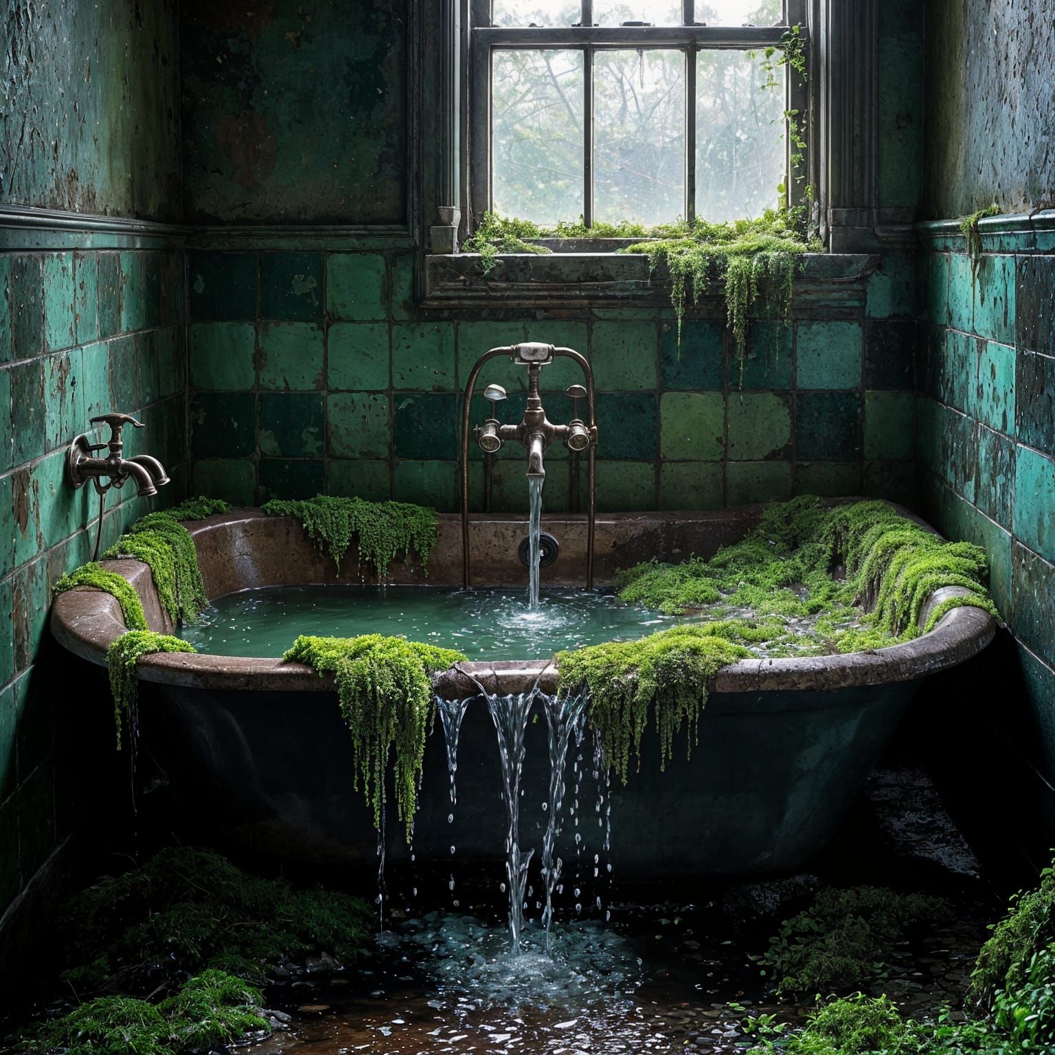 Moss-Filled Bathtub in Forgotten Bathroom: Splash Art