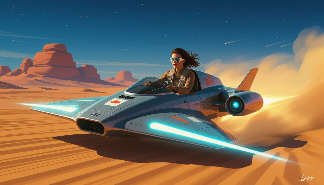 Woman Piloting Futuristic Skiff on Alien Planet