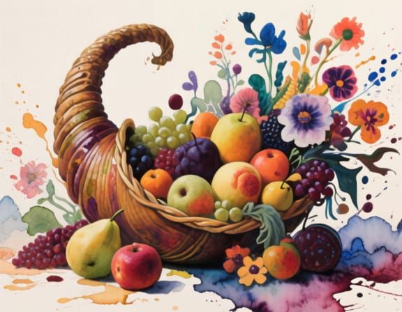 Cornucopia Overflowing with Fantastical Fruits and Flowers