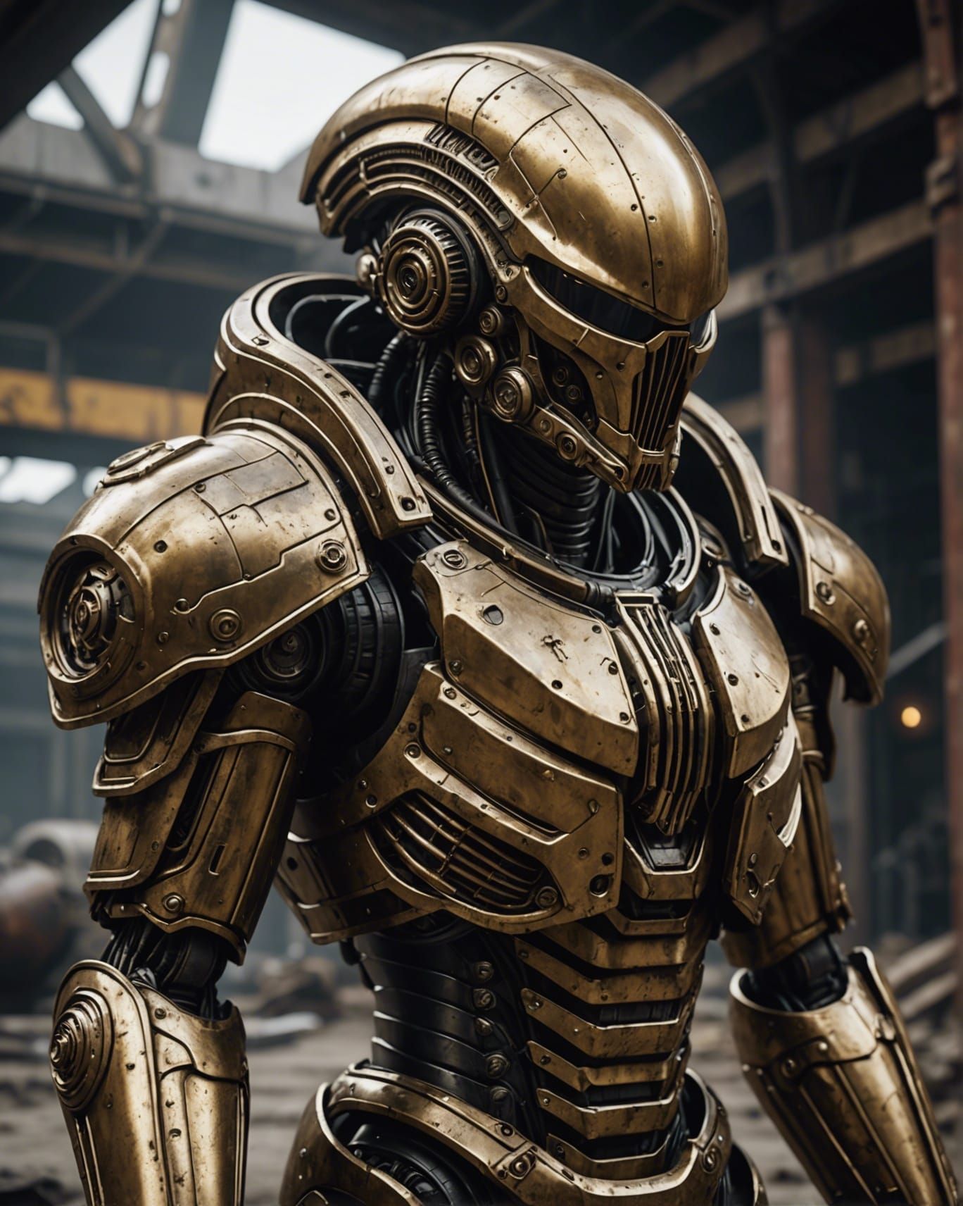 Alien Soldier in Rusty Golden Armor, Dystopian Render