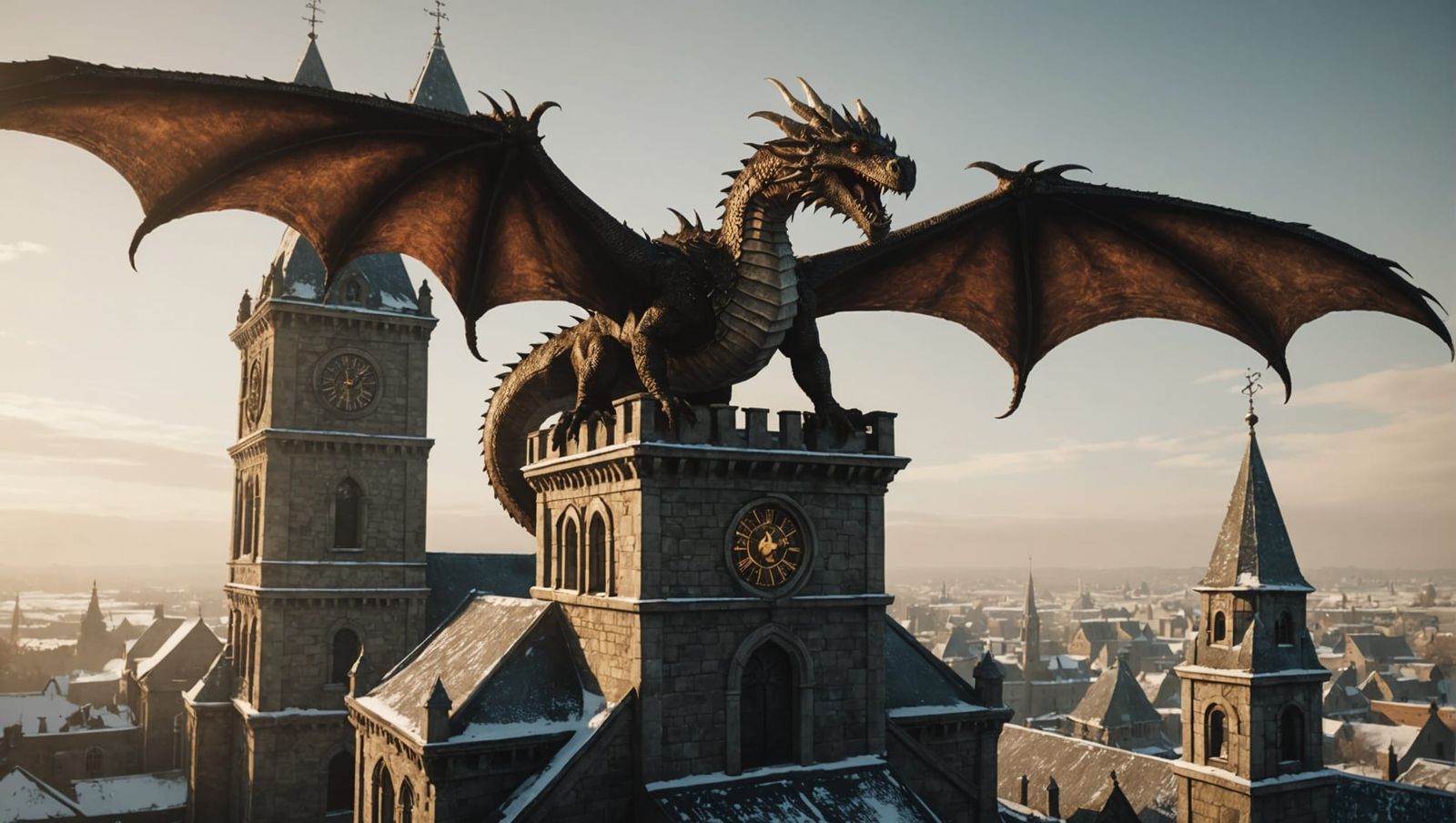 Dragon on Bell Tower in Sepia Tones