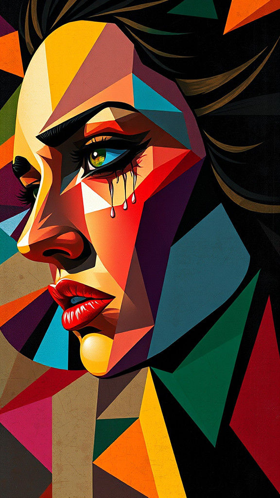 Cubist Portrait of a Crying Woman in Art Deco Style