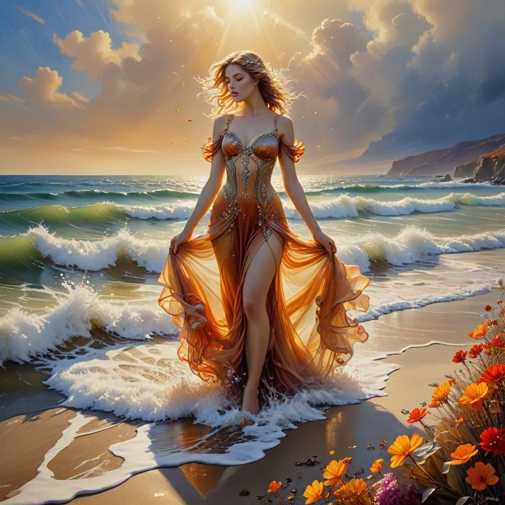 Art Nouveau Princess in Autumn Sea with Flowers