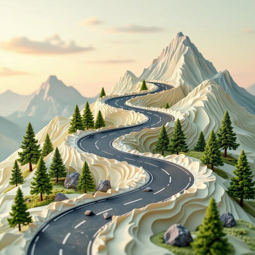 Winding Mountain Road Paper Sculpture with Cinematic Lightin...