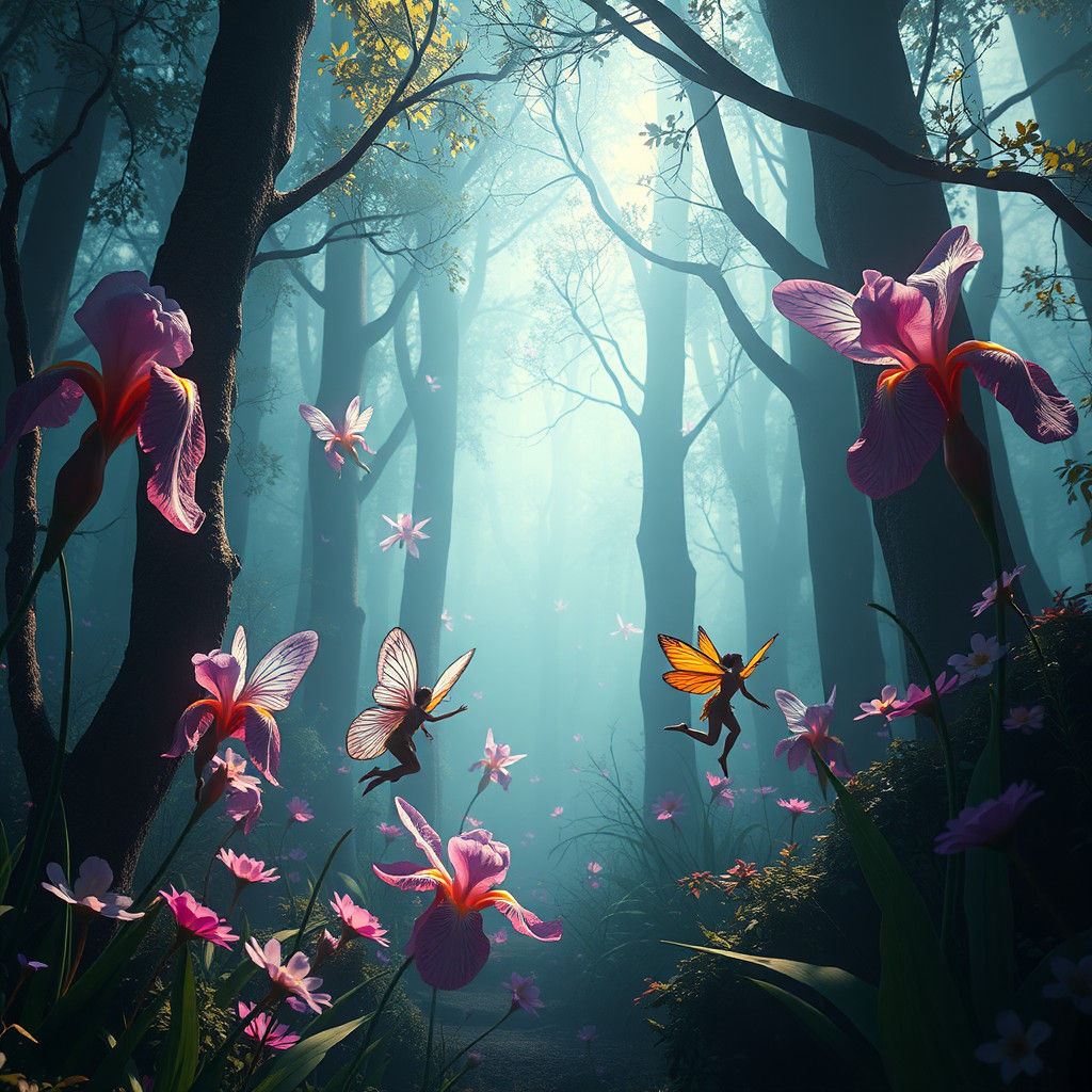 Fairies in an Iris Forest: Fantasy Concept Art
