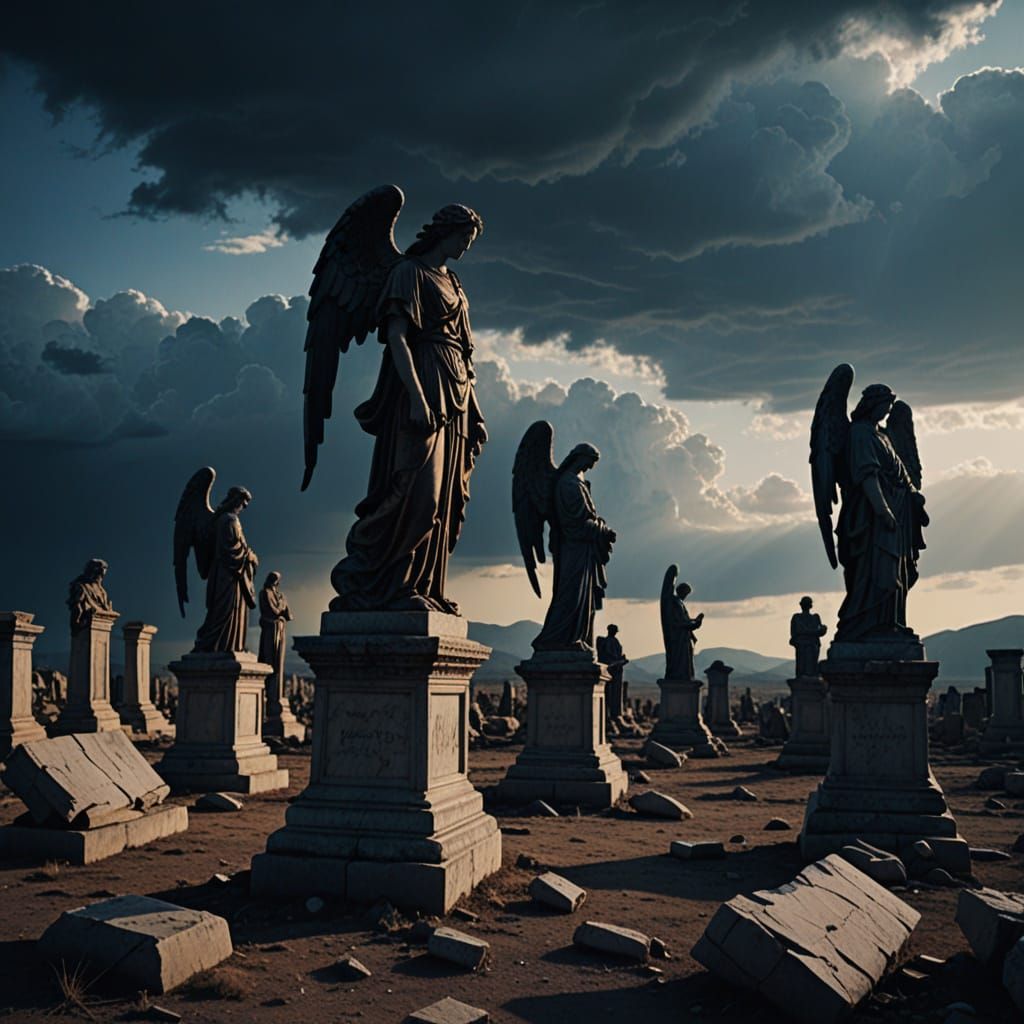 Angel Statues Lie Shattered in a Desolate Landscape