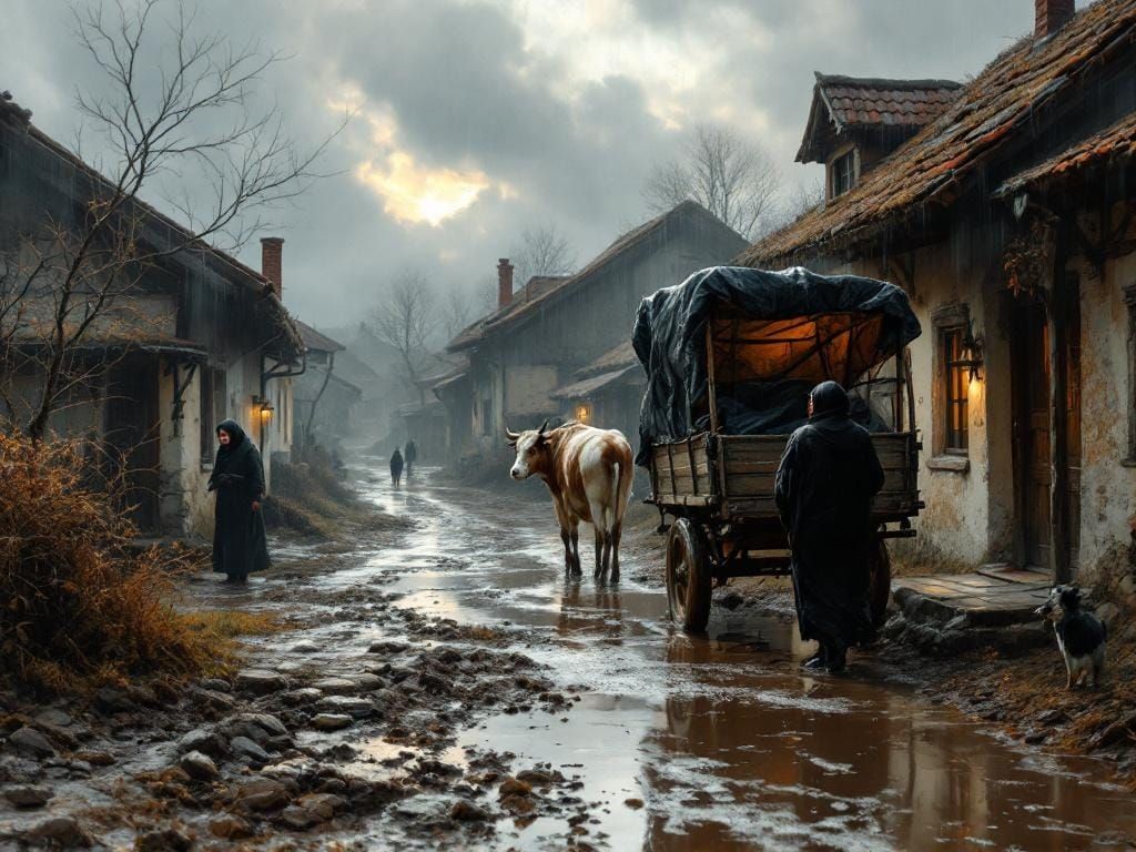 Digital oil painting of a peaceful evening in a rustic Romanian village in Banat.-style image of a rainy afternoon in a ...
