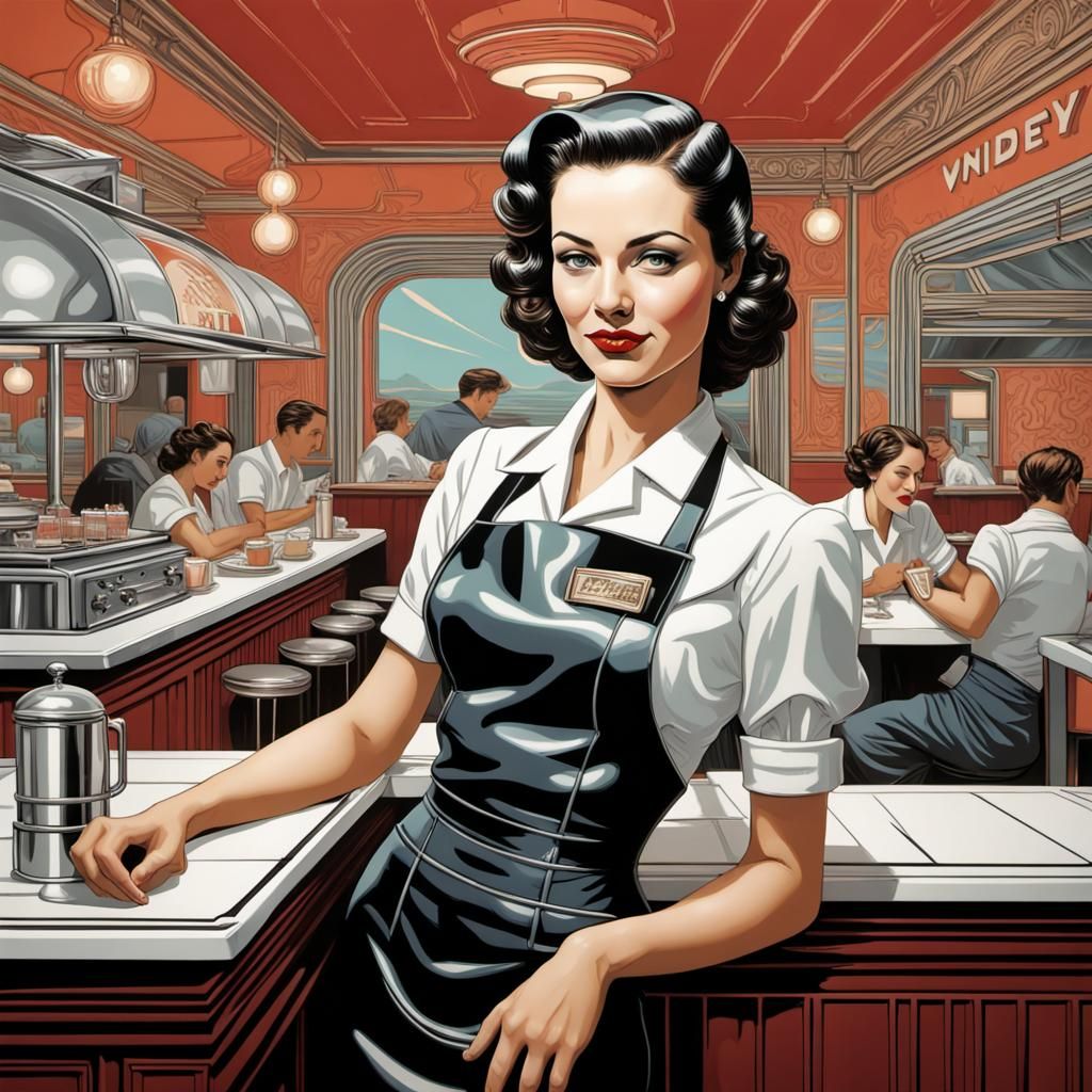 Art Deco Waitress Portrait with Pop Art Elements