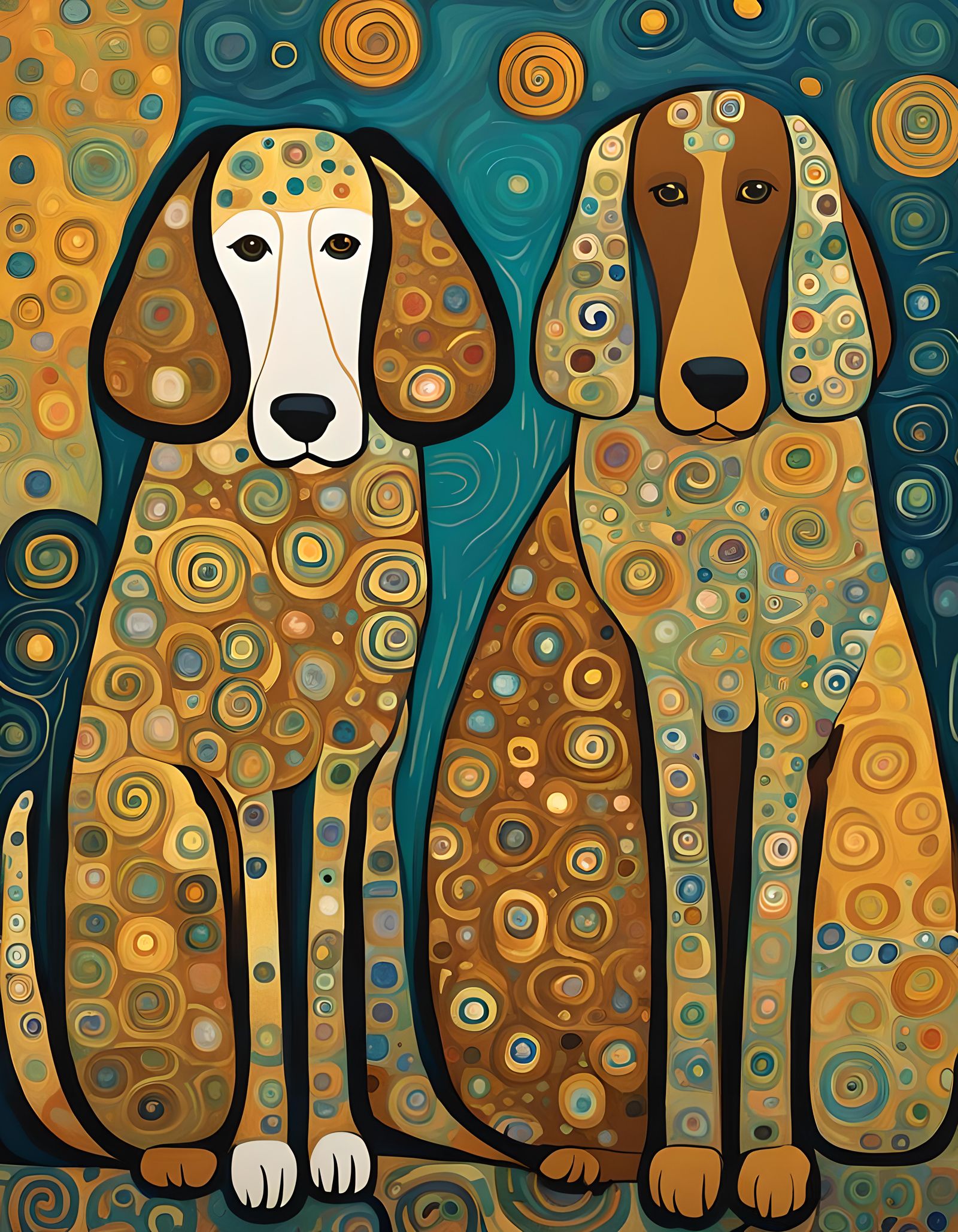 Dogs in Klimt Style: Golden Hues and Ornamentation